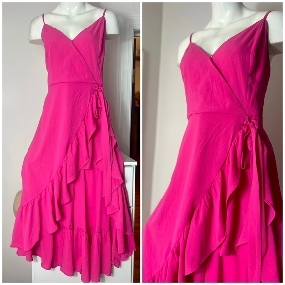 Do + Be Curve Hot Neon Pink High Low Ruffle Hem Faux Wrap Long Dress Size 1X - Picture 1 of 9